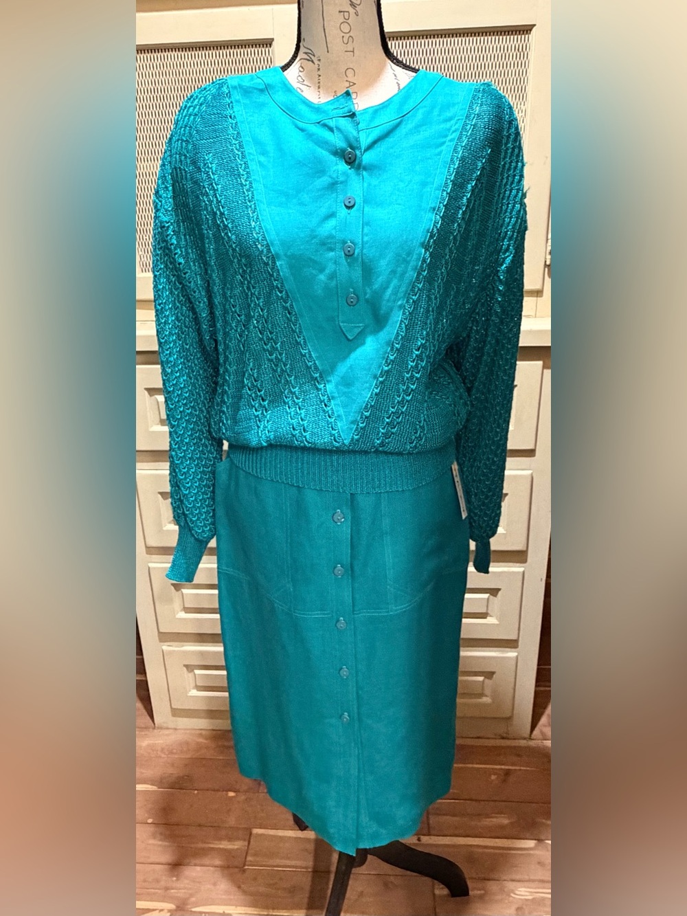 VTG Escada Margaretha Ley Teal Silk 3Pc Suit Blazer Skirt Mesh Blouse